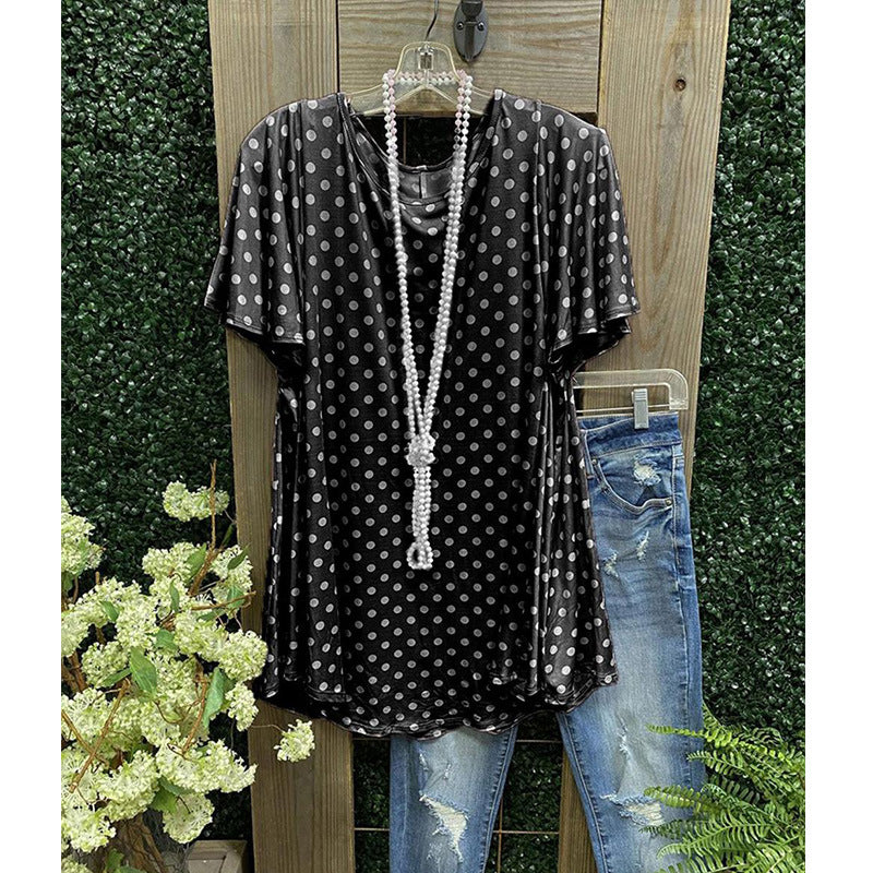 Women's Tunic – Loose Fit – Short Sleeves – Polka Dot Pattern – Lightweight Breathable Fabric