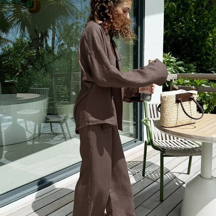 Ensemble Femme – Haut Oversize à Boutons – Pantalon Large Taille Haute – Linnen Respirant