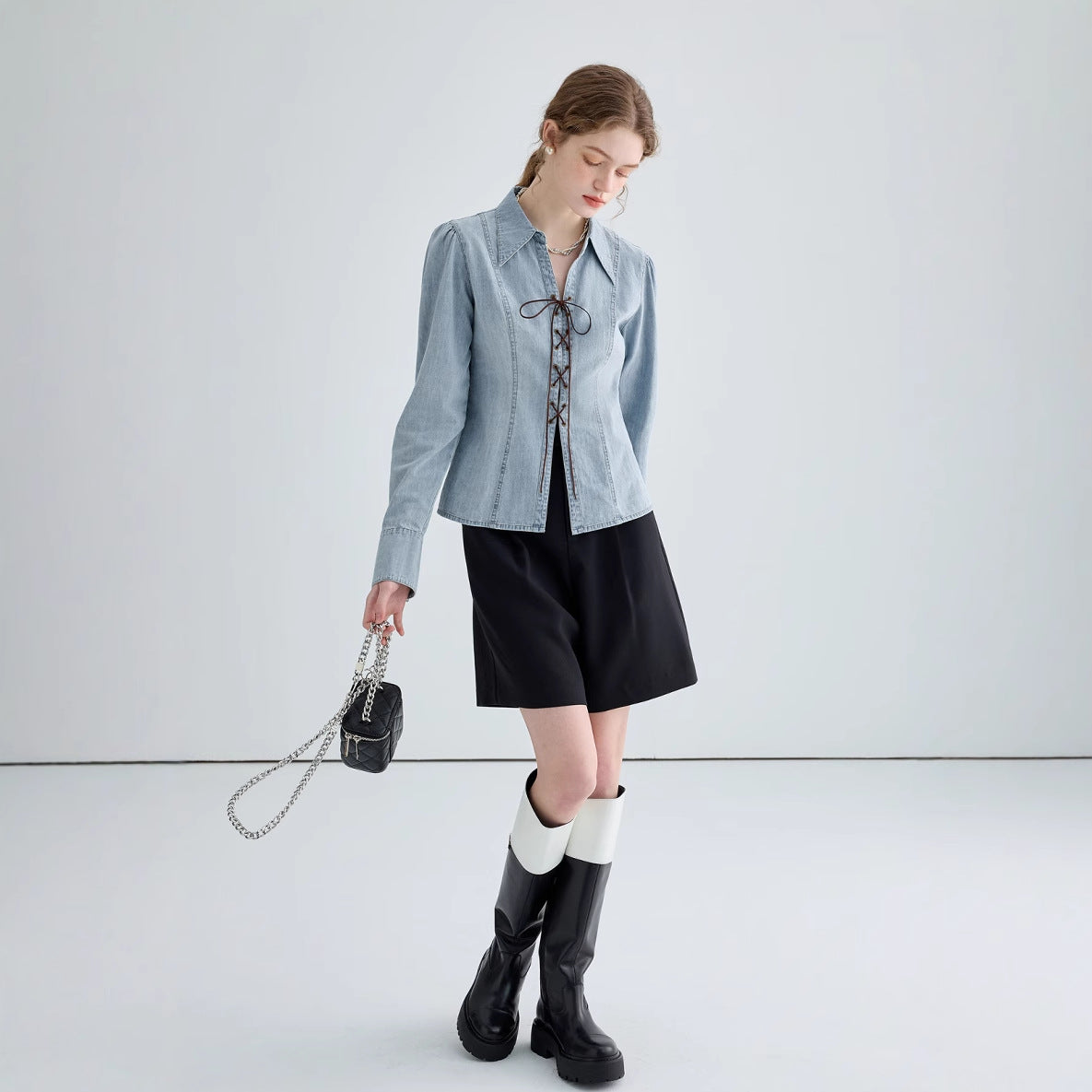 Veste chemise femme – Coupe ajustée – Devant lacé – Manches longues structurées