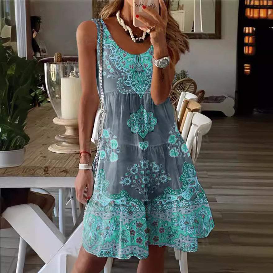 Robe femme sans manches – Coupe fluide – Col rond – Motifs ornementaux – Longueur genou