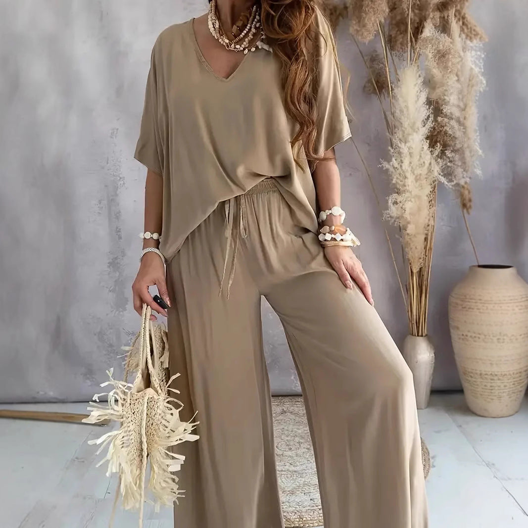 Women's Set Wide-Leg Pants and V-Neck Top – Loose Fit – Soft Breathable Fabric
