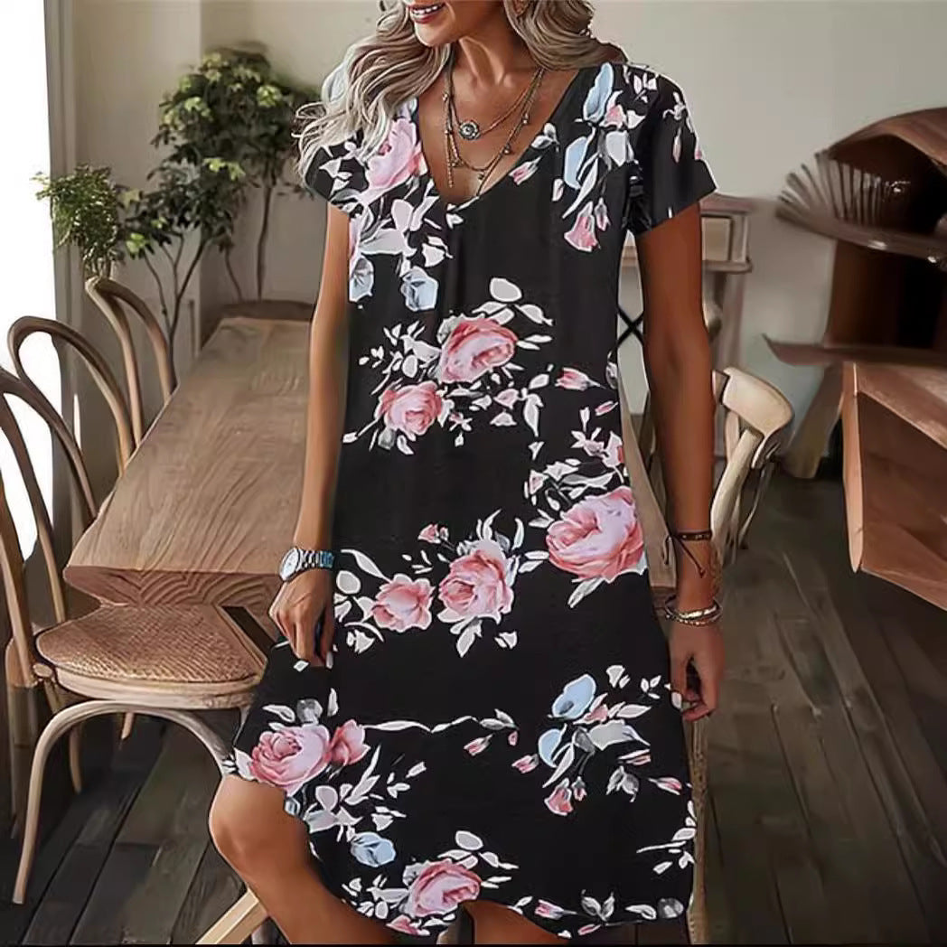 Women's dress – Loose fit – Floral pattern – V-neck – Short sleeves