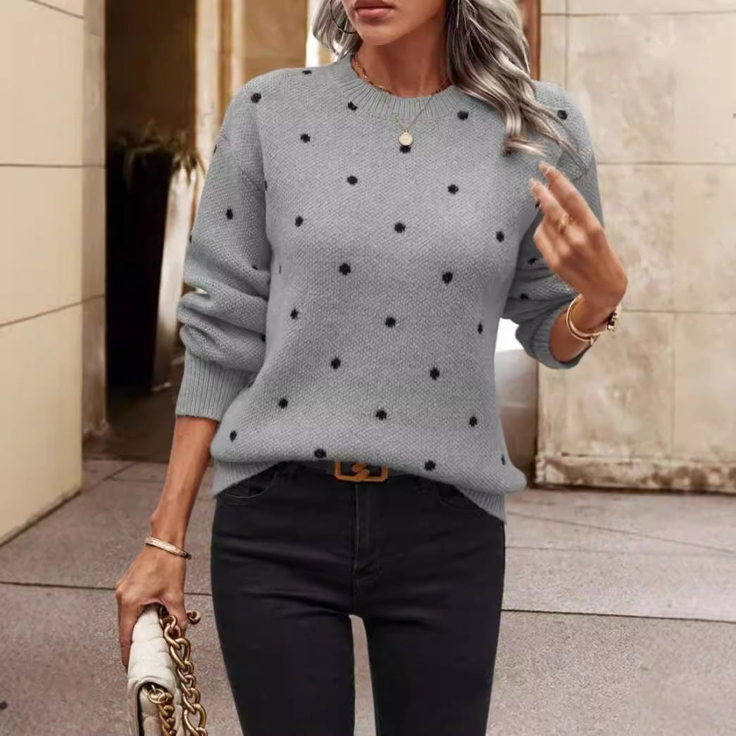 Pull femme – Coupe décontractée – Pois – Col rond – Manches longues