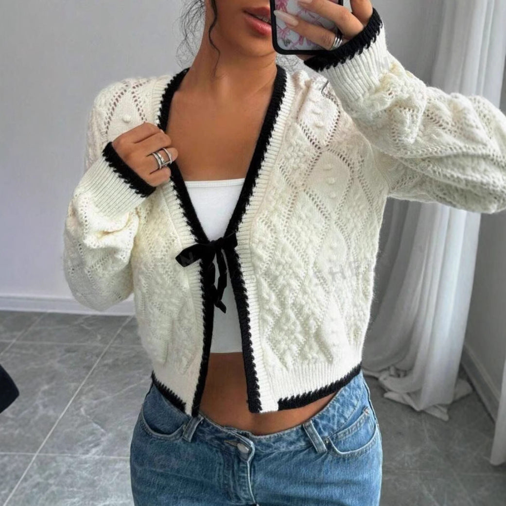 Cardigan Femme – Coupe Courte – Manches Longues – Nœud Devant