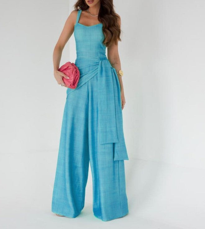 Jumpsuit for women – Lightweight linen – Sleeveless – Adjustable waist – Wide leg