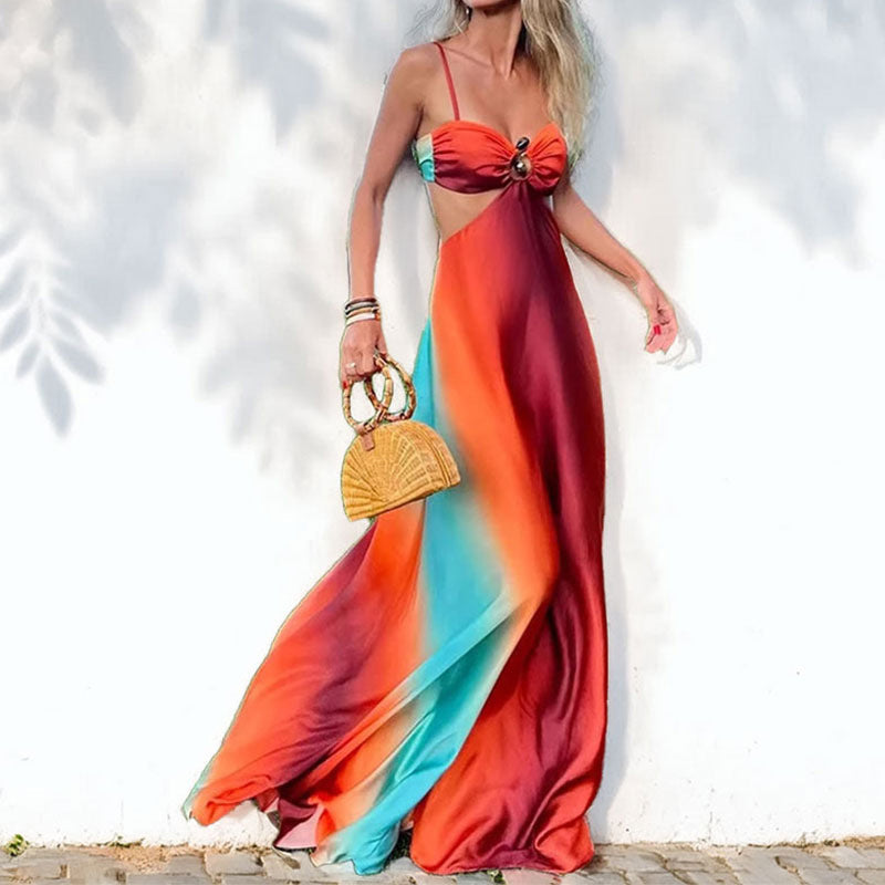 Robe longue femme – Coupe fluide – Bretelles fines – Dégradé – Détail anneau bustier