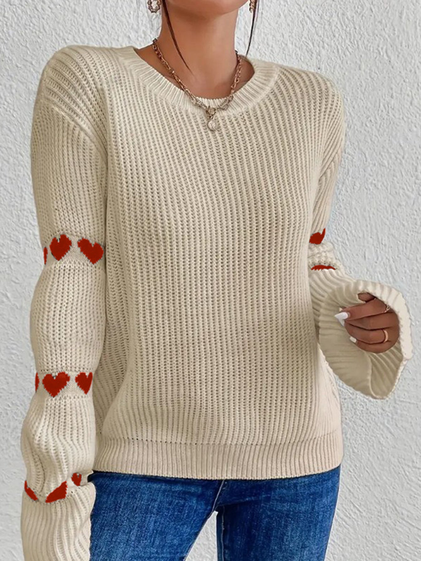 Pull femme – Coupe ample – Maille douce – Manches évasées – Motifs cœur