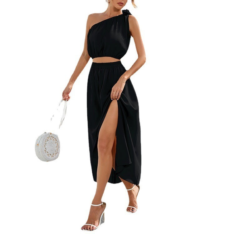 Ensemble Femme Deux Pièces – Crop Top Asymétrique – Jupe Fendue Taille Élastique – Tissu Fluide