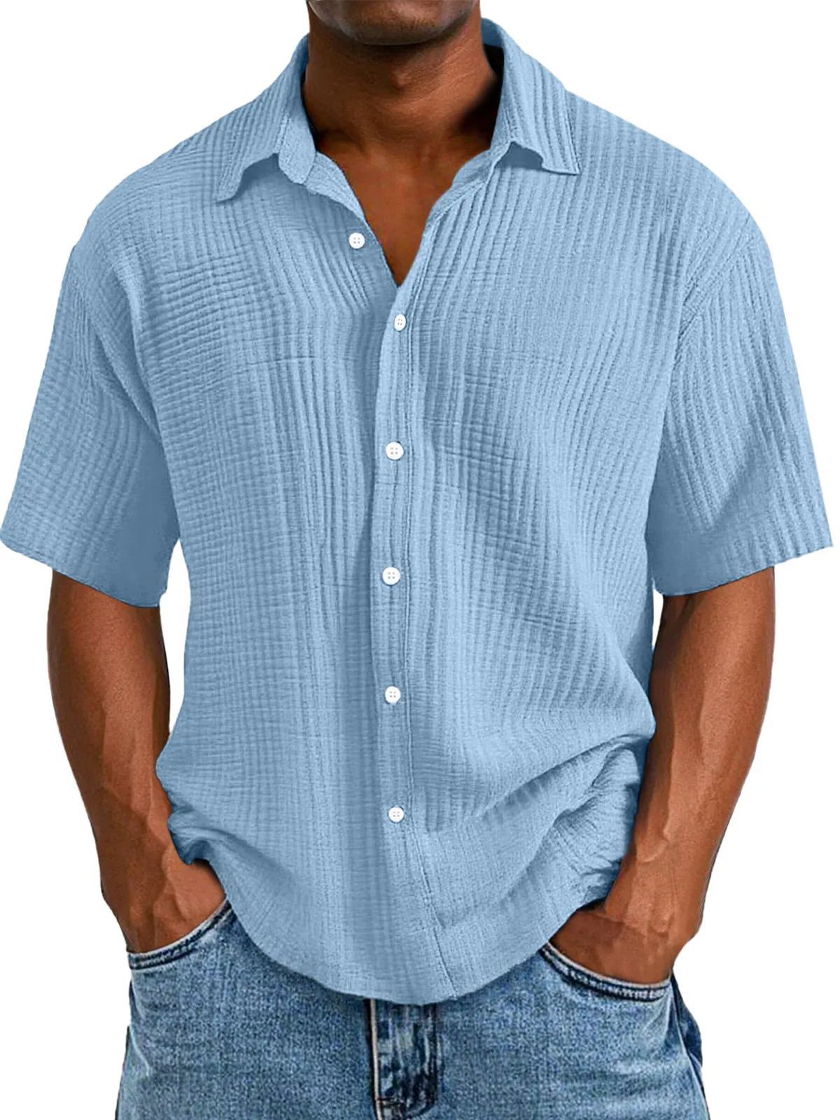 Men's short-sleeve shirt – Relaxed fit – Crinkled fabric – Full button fastening