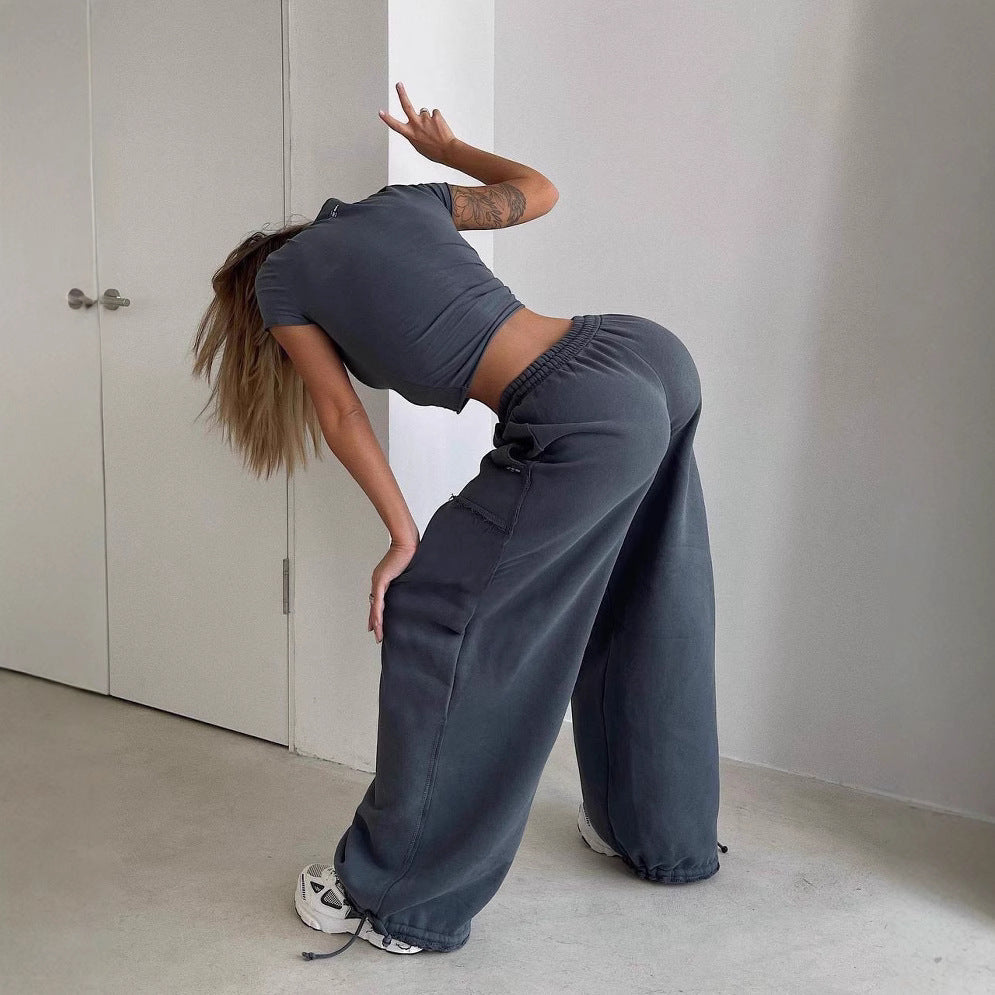 Pantalon de survêtement femme – Coupe large décontractée – Tissu doux respirant – Poches plaquées