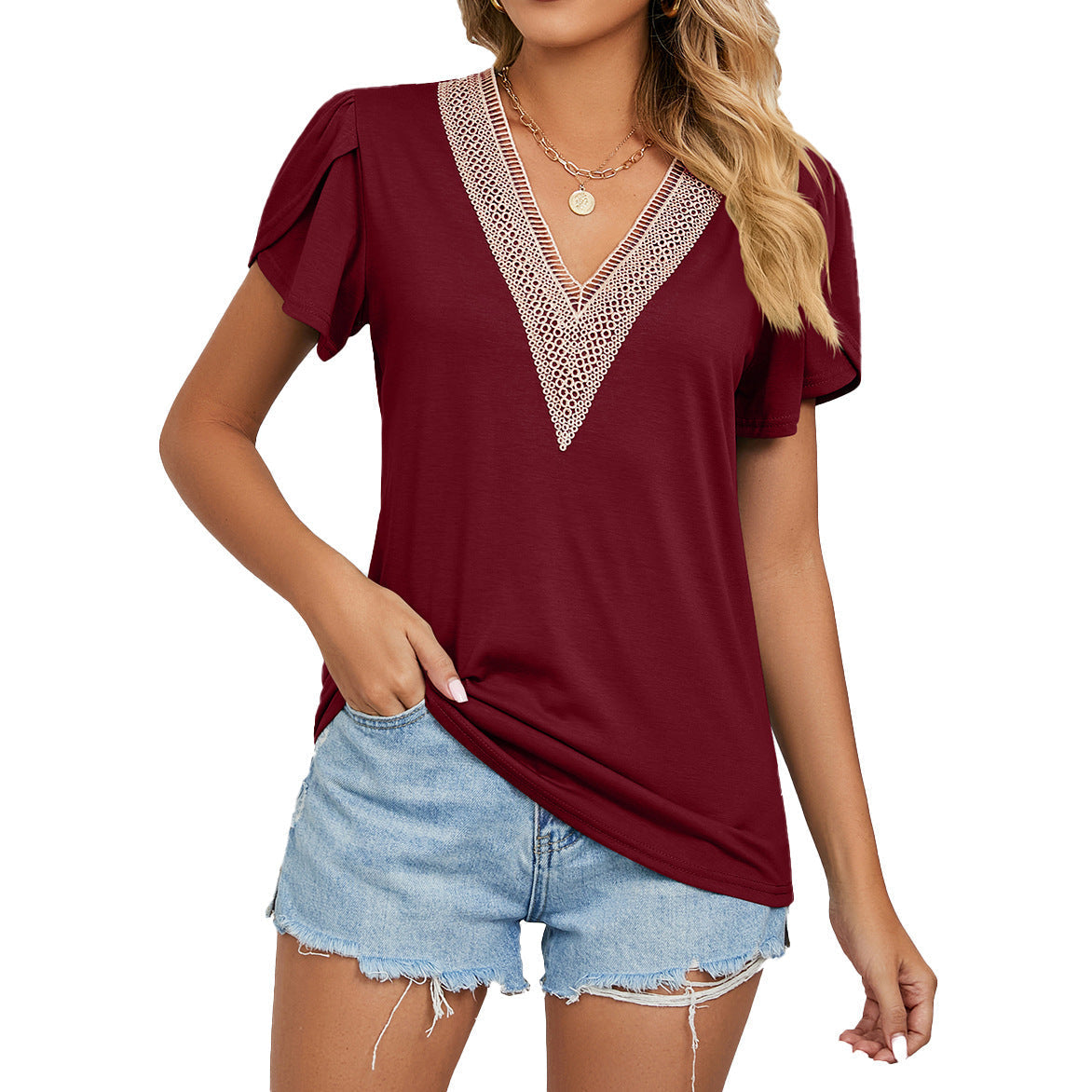 Women's short-sleeve shirt – Relaxed fit – Lace V-neck – Breathable fabric