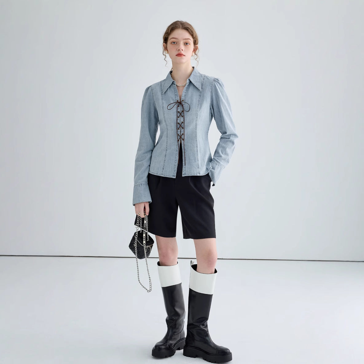 Veste chemise femme – Coupe ajustée – Devant lacé – Manches longues structurées