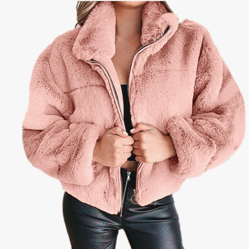 Women's cardigan coat – Faux fur – Oversize cut – Zip-up stand collar
