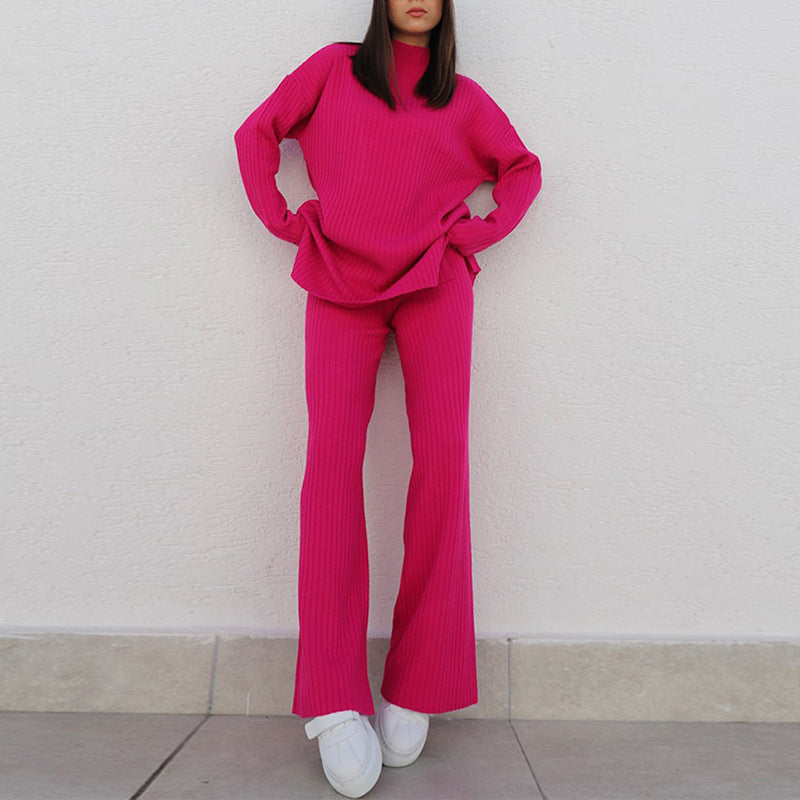 Ensemble Femme – Maille Côtelée – Coupe Ample – Col Montant – Pantalon Large