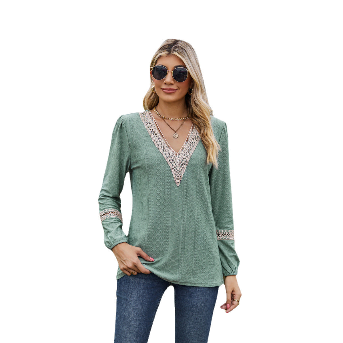T-shirt women's long sleeves – Loose fit – V-neck lace – Soft breathable fabric