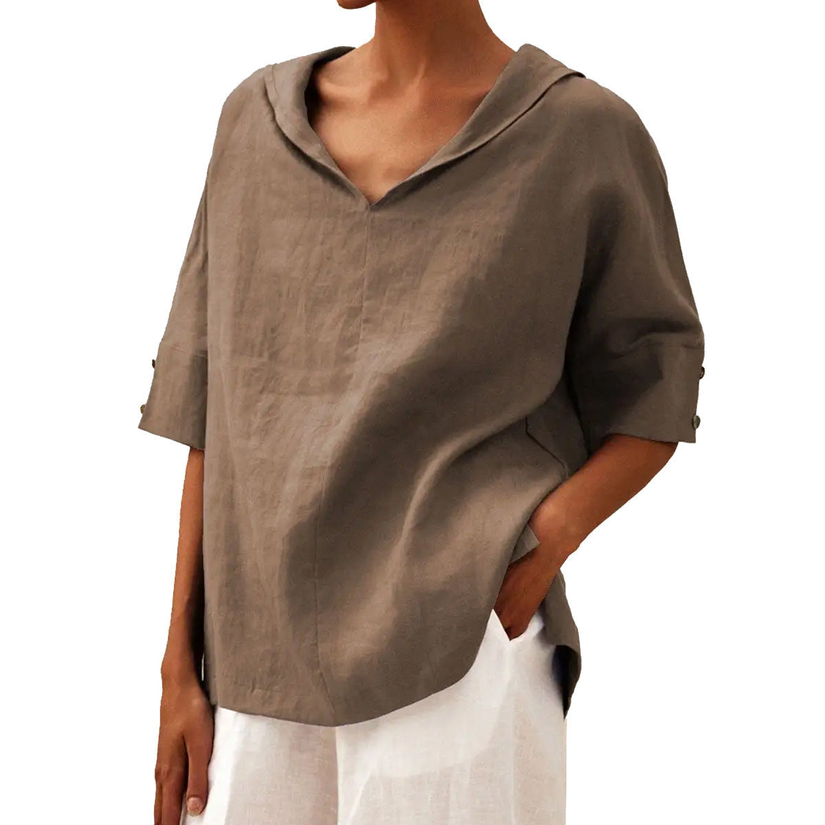 Women's top – Relaxed fit – Breathable fabric – V-neck – Mid-length sleeves