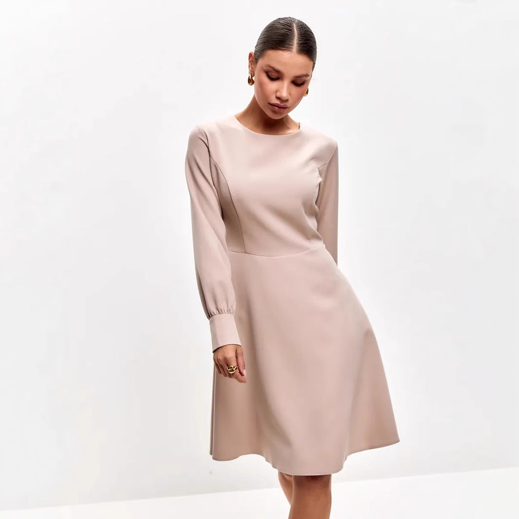 Robe midi femme – Coupe ajustée – Manches longues – Nœud taille – Tissu fluide