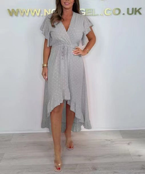 Women's wrap dress – Breathable fabric – Ruffled sleeves – Asymmetrical hem