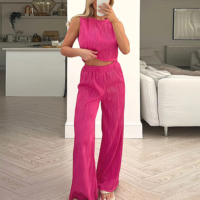 Women's Two-Piece Set – Fitted Sleeveless Crop Top – High-Waisted Straight-Leg Pants