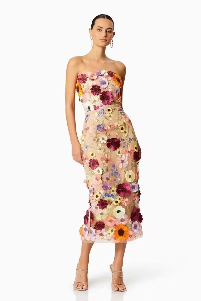 Women's Bustier Dress – Slim Fit – Lightweight Tulle – 3D Floral Appliqués – Midi Length