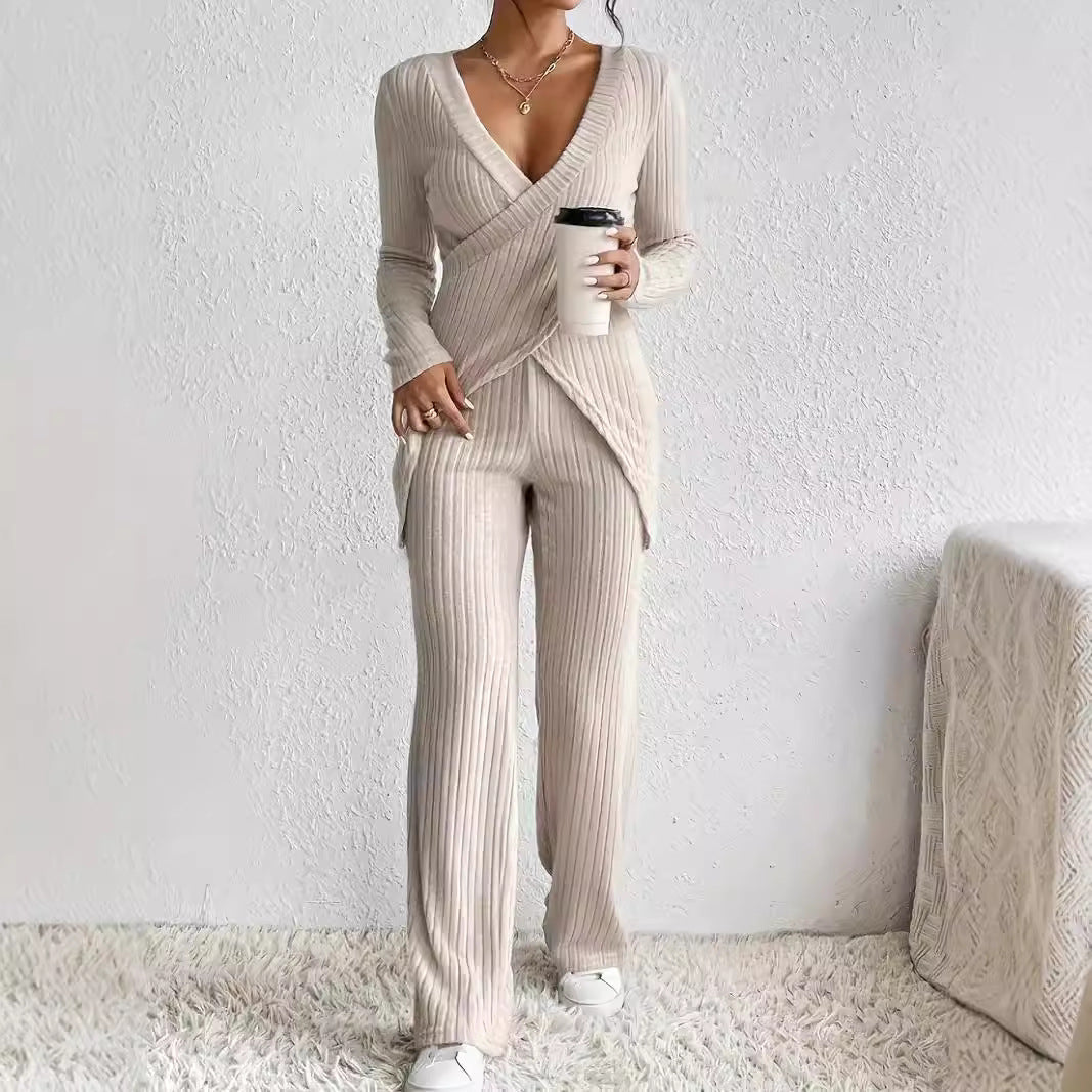 Ensemble Femme – Maille Côtelée – Haut Cache-Cœur Manches Longues – Pantalon Droit