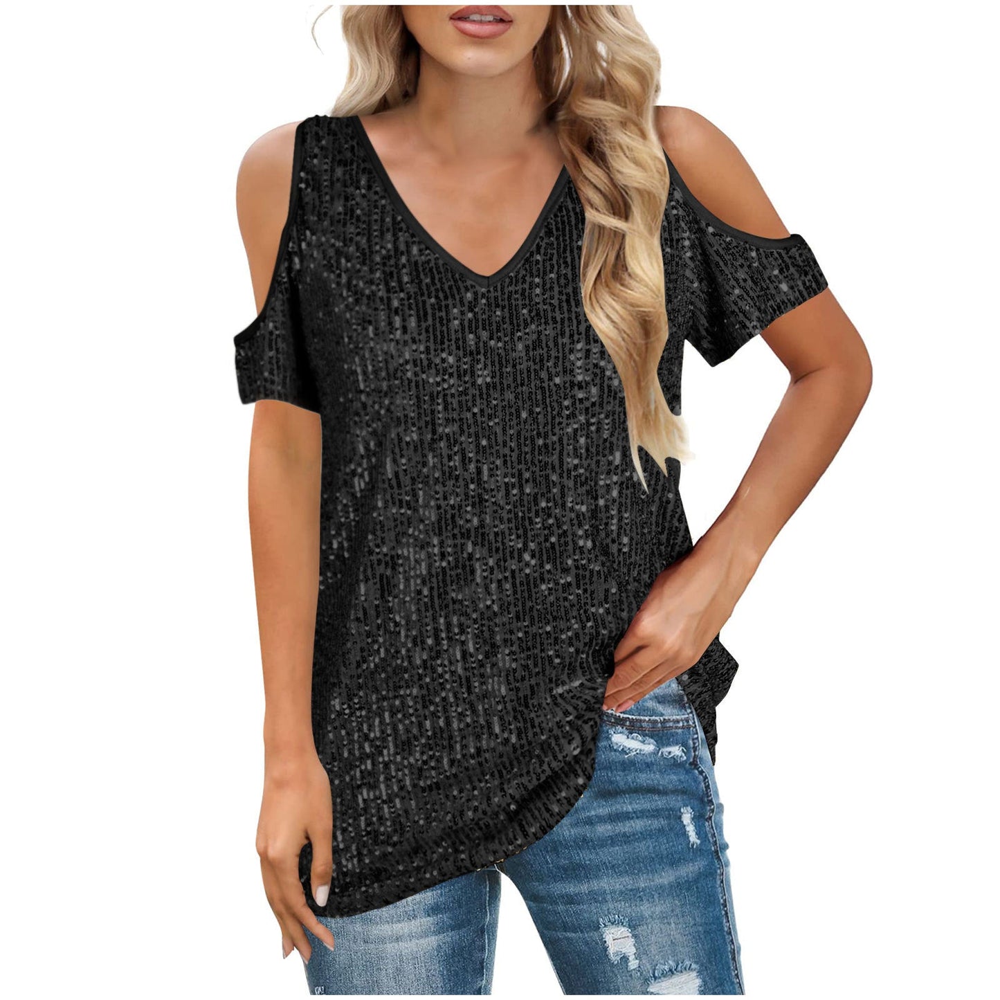 Women's V-neck top – Loose fit – Bare shoulders – Front with shiny sequins