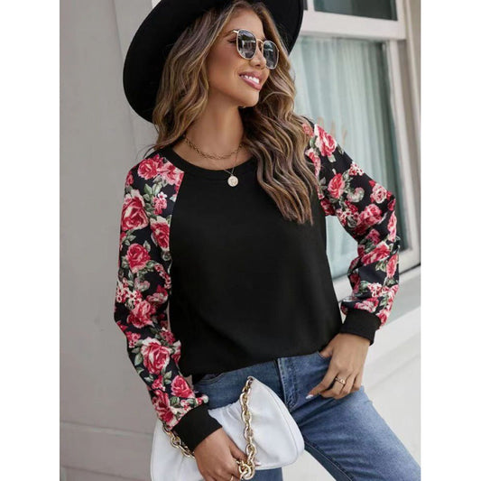 Women's sweatshirt – Relaxed fit – Floral print sleeves – Soft knit