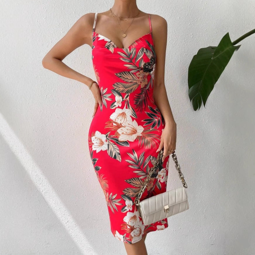 Robe midi femme – Coupe ajustée – Tissu satiné – Bretelles fines – Imprimé floral