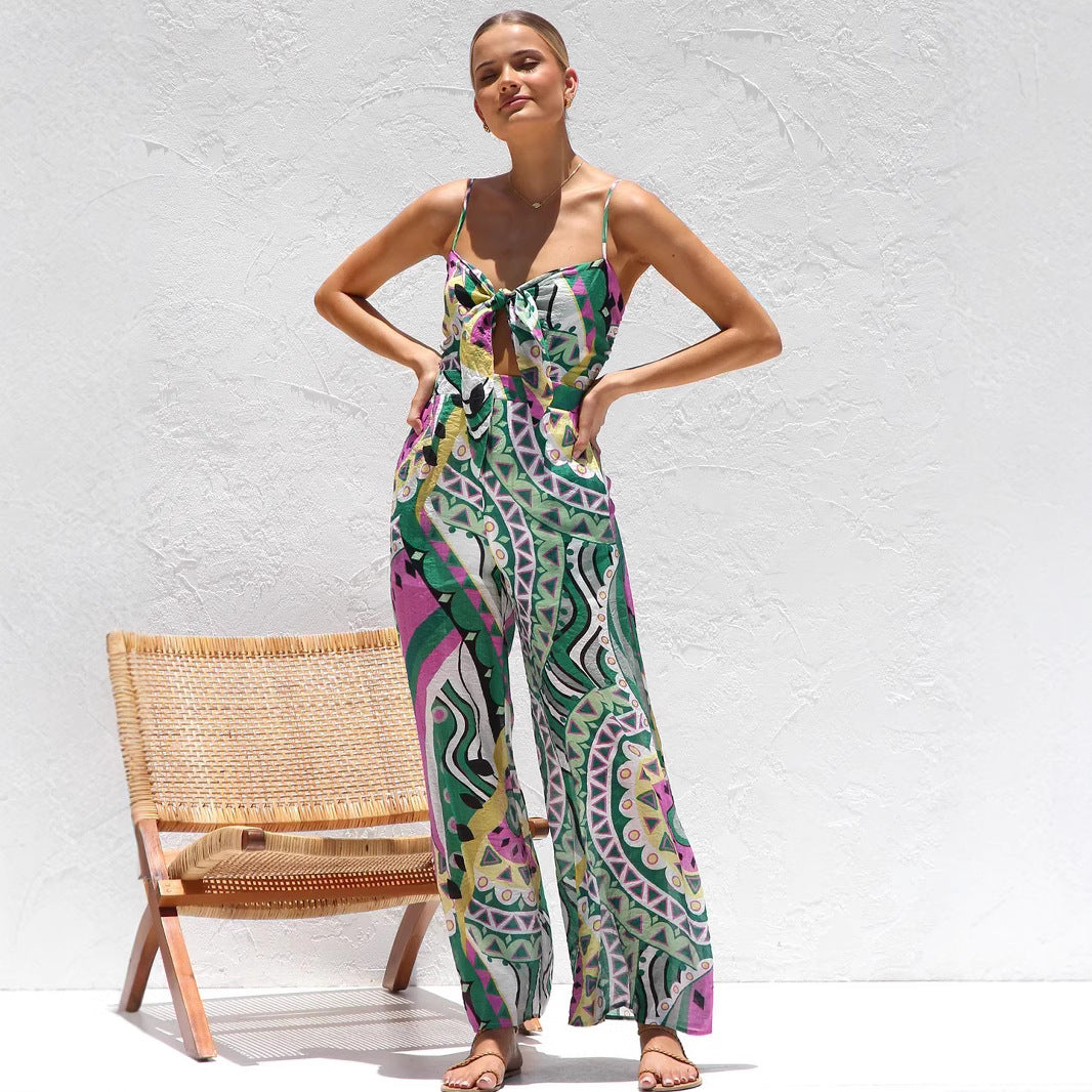 Women's jumpsuit – Loose fit – Lightweight breathable fabric – Thin straps with front knot