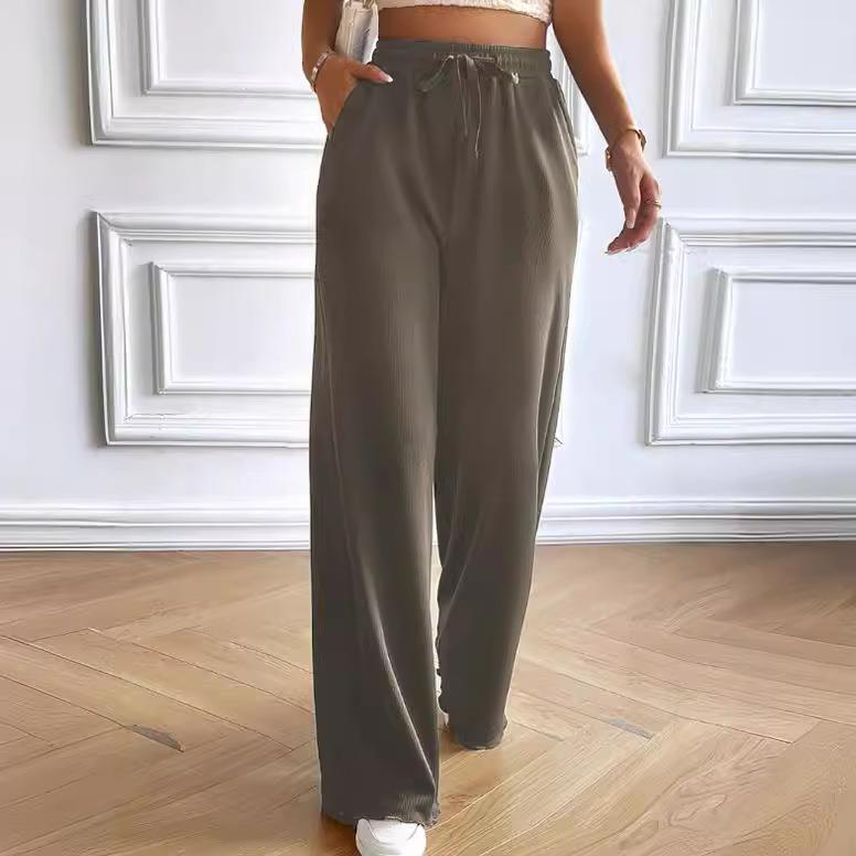 Pantalon large femme – Coupe décontractée – Taille élastique avec cordon – Longueur totale