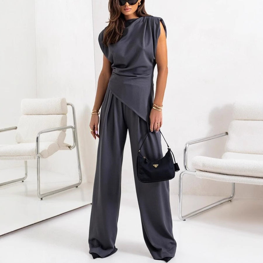 Ensemble Femme – Haut Asymétrique Drapé – Pantalon Taille Haute Jambe Large
