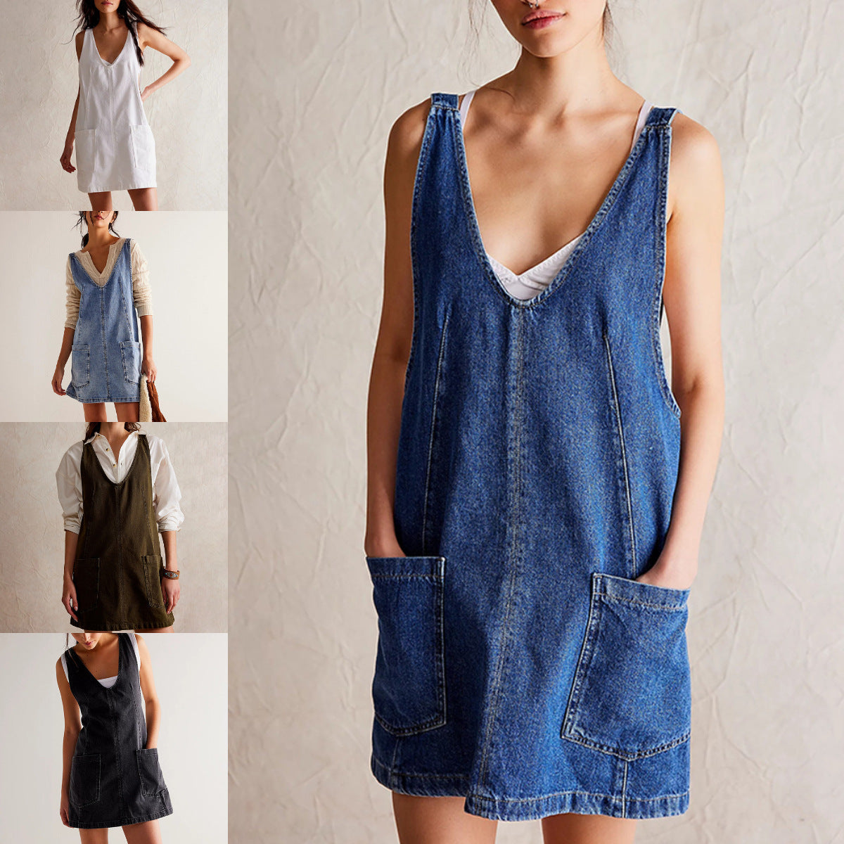 Women's Mini Dress – Loose Fit – Plunging Neckline – Sleeveless – Natural Fibers