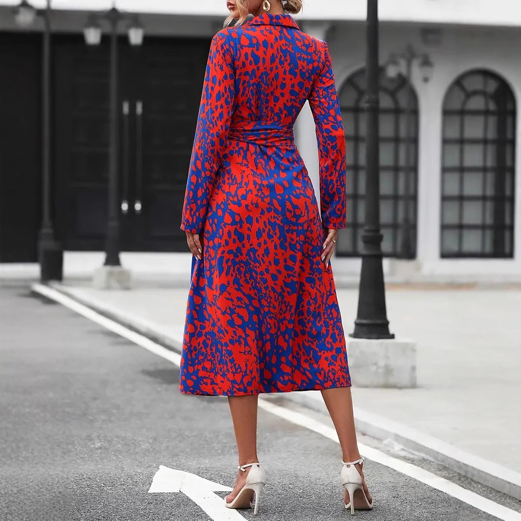Women's flared dress – Buttoned – Long sleeves – Waist belt – Breathable fabric