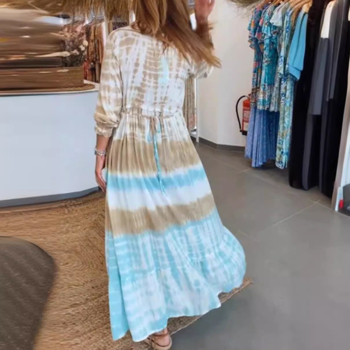 Women's Caftan Dress – Loose Fit – Natural Fibers – Tie-Dye – Mid-Calf – V-Neck