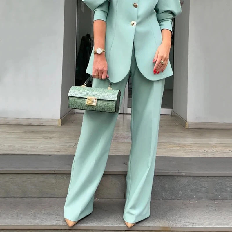Women's Set Blazer and Pants – Straight Cut – Puffed Sleeves – Structured Fabric