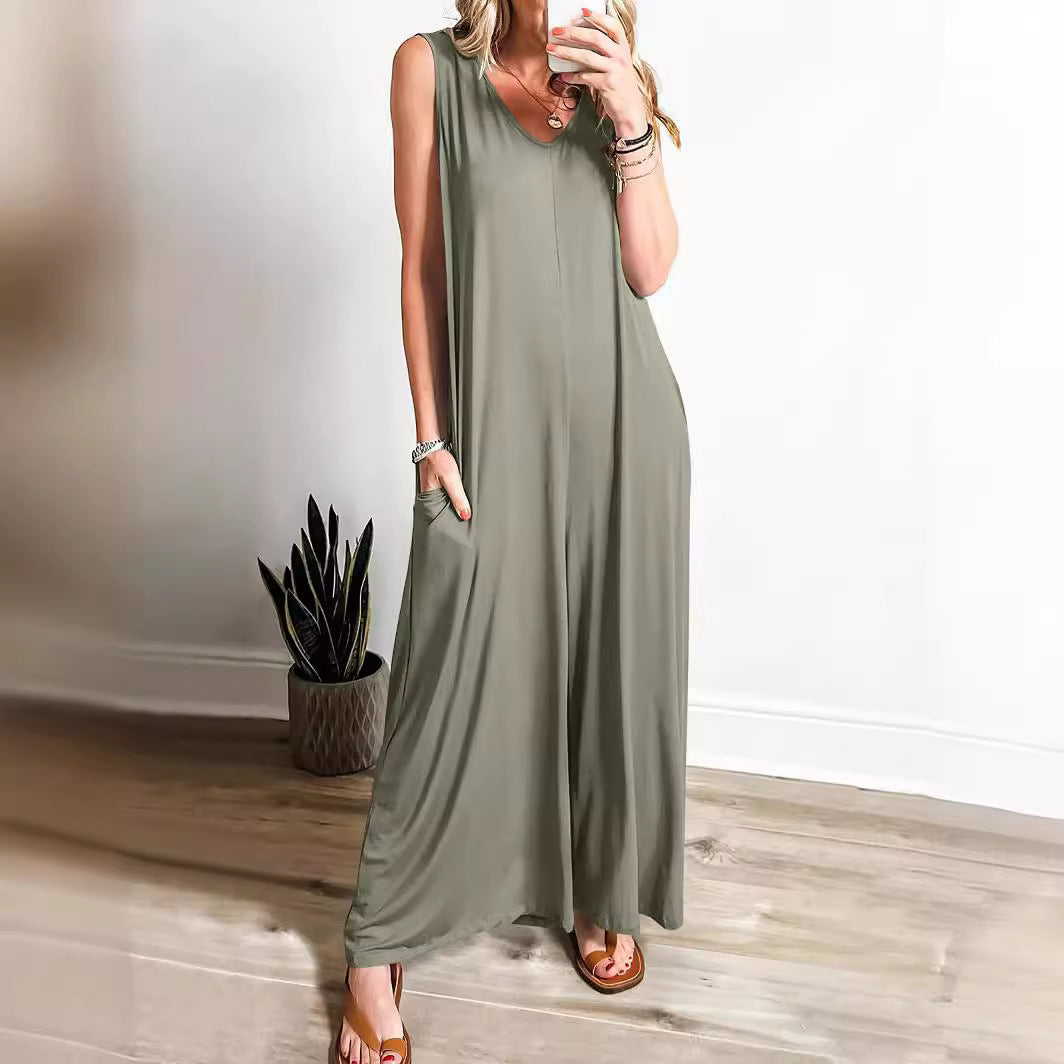 Women's long dress – Flowing fit – Sleeveless – V-neck – Side pockets