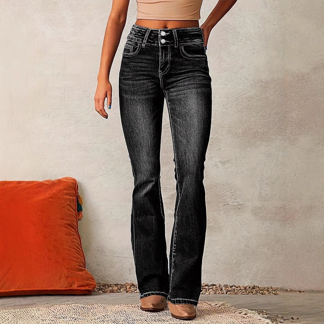 Jean évasé femme – Taille haute – Denim stretch – Coupe rétro – Longueur cheville