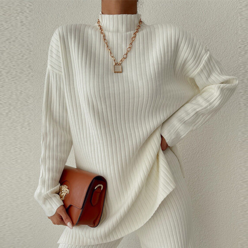 Ensemble Femme – Maille Côtelée – Coupe Ample – Col Montant – Pantalon Large