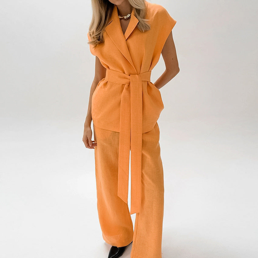 Women's Set Sleeveless Top and Wide Pants – Belted Waist – Breathable Fabric