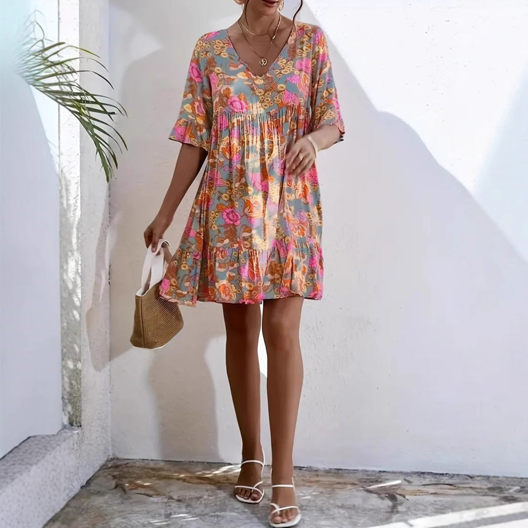 Women's dress – Fluid cut – V-neck – 3/4 ruffled sleeves – Floral print – Cotton