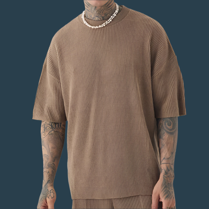 Men's casual set – Soft ribbed knit – Loose fit – T-shirt with short sleeves and matching shorts