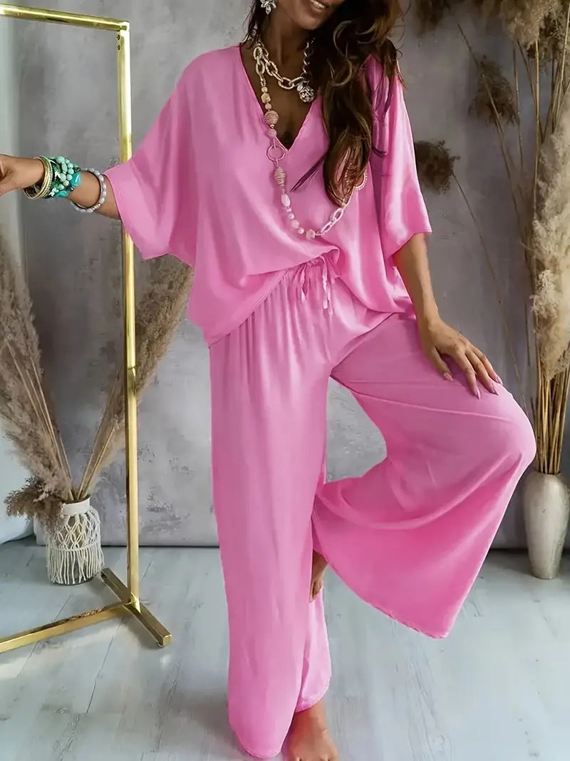 Women's Set Wide-Leg Pants and V-Neck Top – Loose Fit – Soft Breathable Fabric