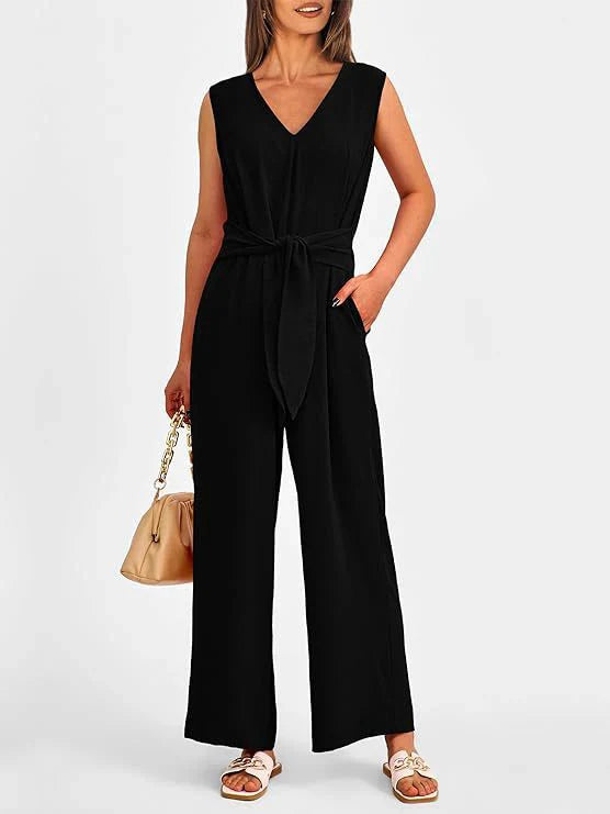 Women's jumpsuit – Sleeveless – Flowing cut – Tied waist – V-neck