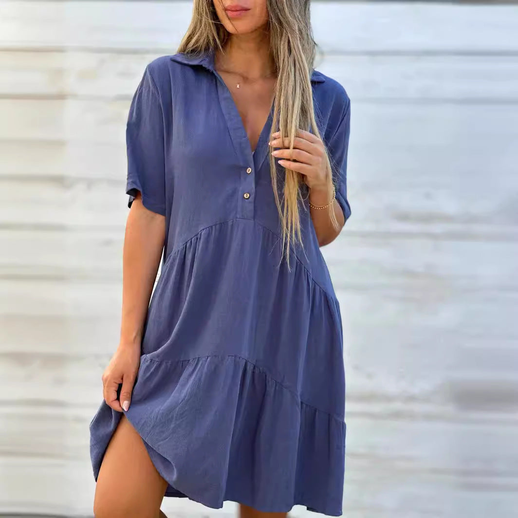 Casual women's dress – Flowing cut – Short sleeves – Shirt collar – Natural fibers