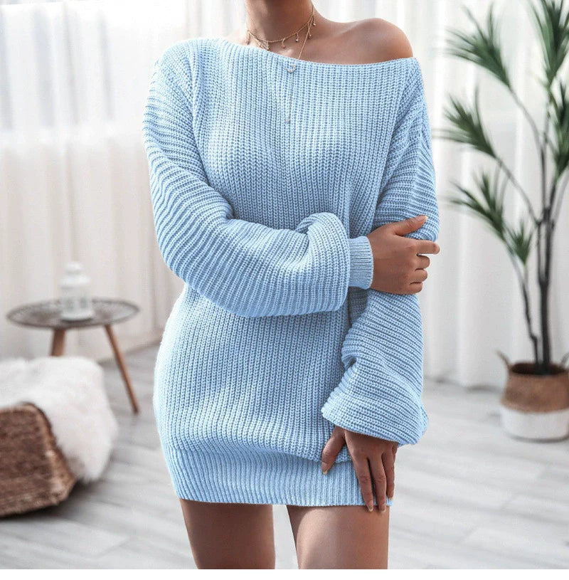 Women's sweater dress – Soft knit – Bare shoulders – Puffy sleeves – Loose fit