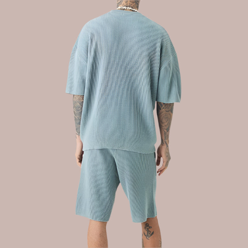 Men's casual set – Soft ribbed knit – Loose fit – T-shirt with short sleeves and matching shorts