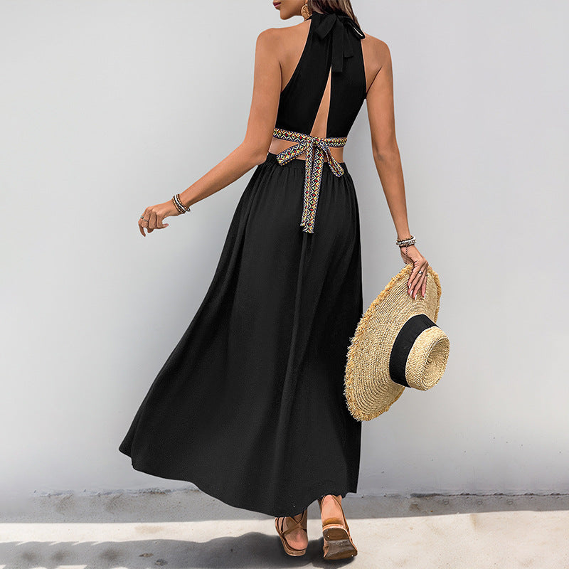 Robe midi femme – Col halter – Taille cintrée – Nœud décoratif – Découpes élégantes
