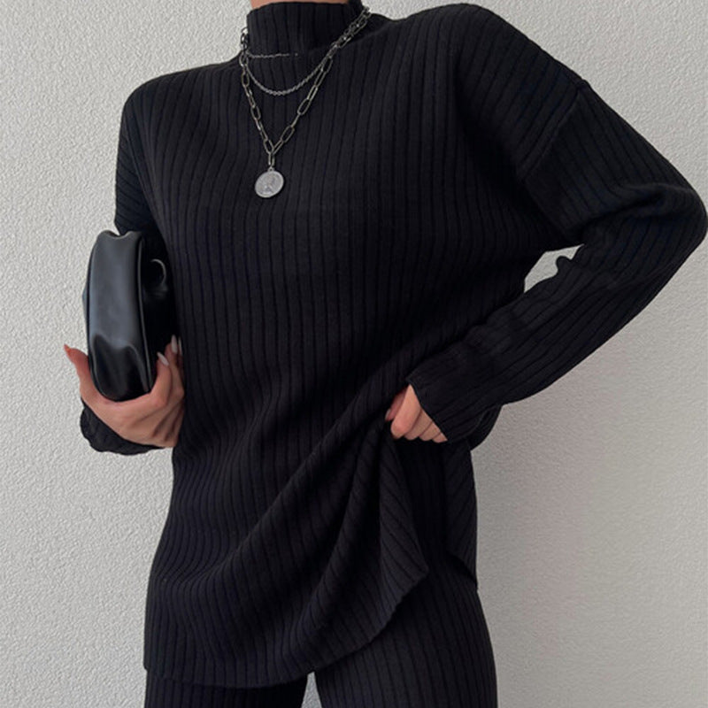 Ensemble Femme – Maille Côtelée – Coupe Ample – Col Montant – Pantalon Large