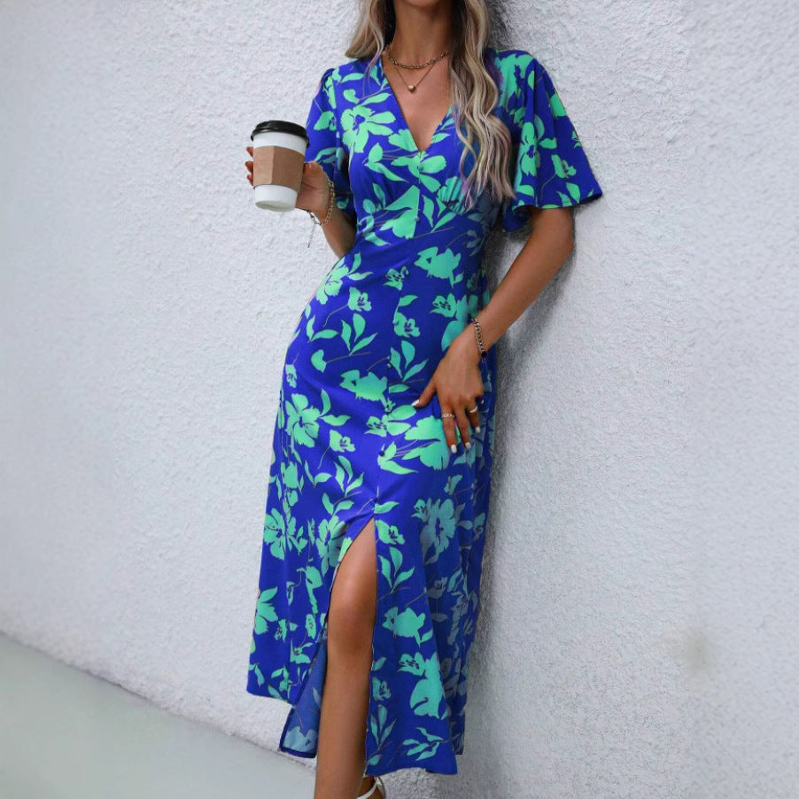 Robe longue femme – Coupe cintrée – Manches évasées – Col en V – Motif floral – Fente devant