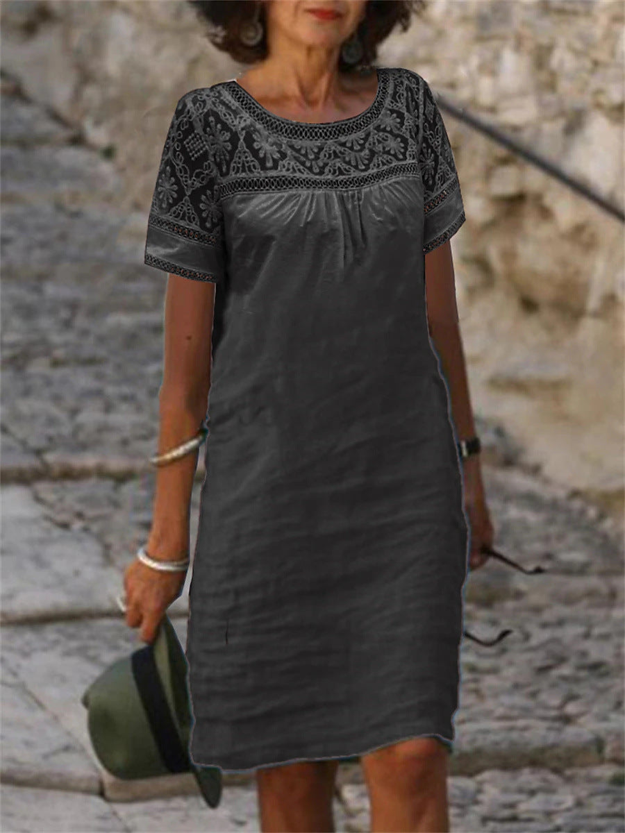 Robe d'été femme - Empiècement dentelle manches courtes - Coupe ample - Col rond
